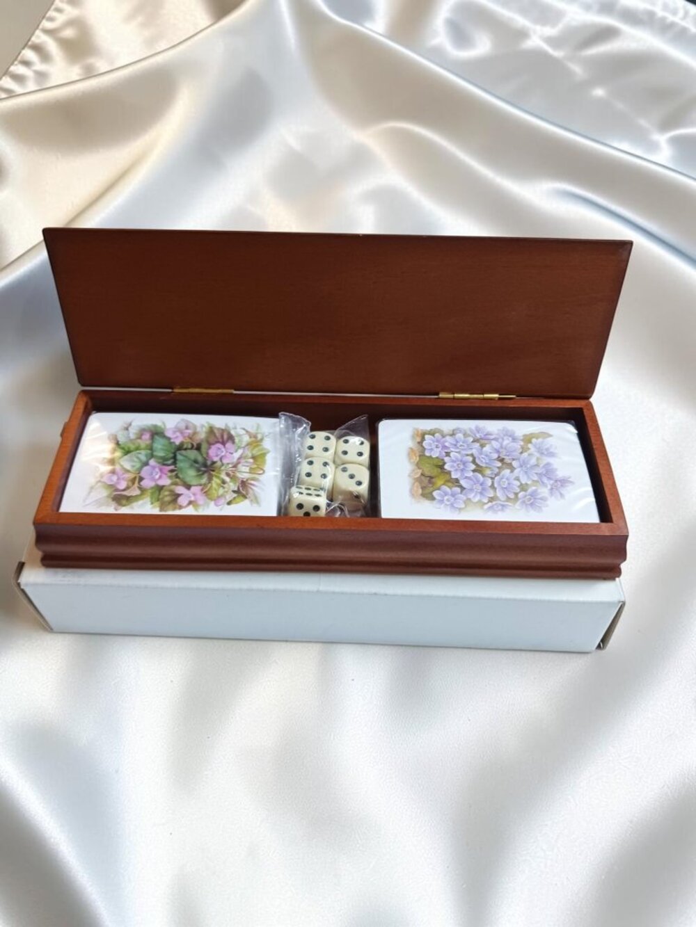 Vintage Wooden Card Box Set with Two Sealed Floral Decks and Five Cream Dice